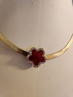 Gold Chain Necklace with Red Clover Pendant